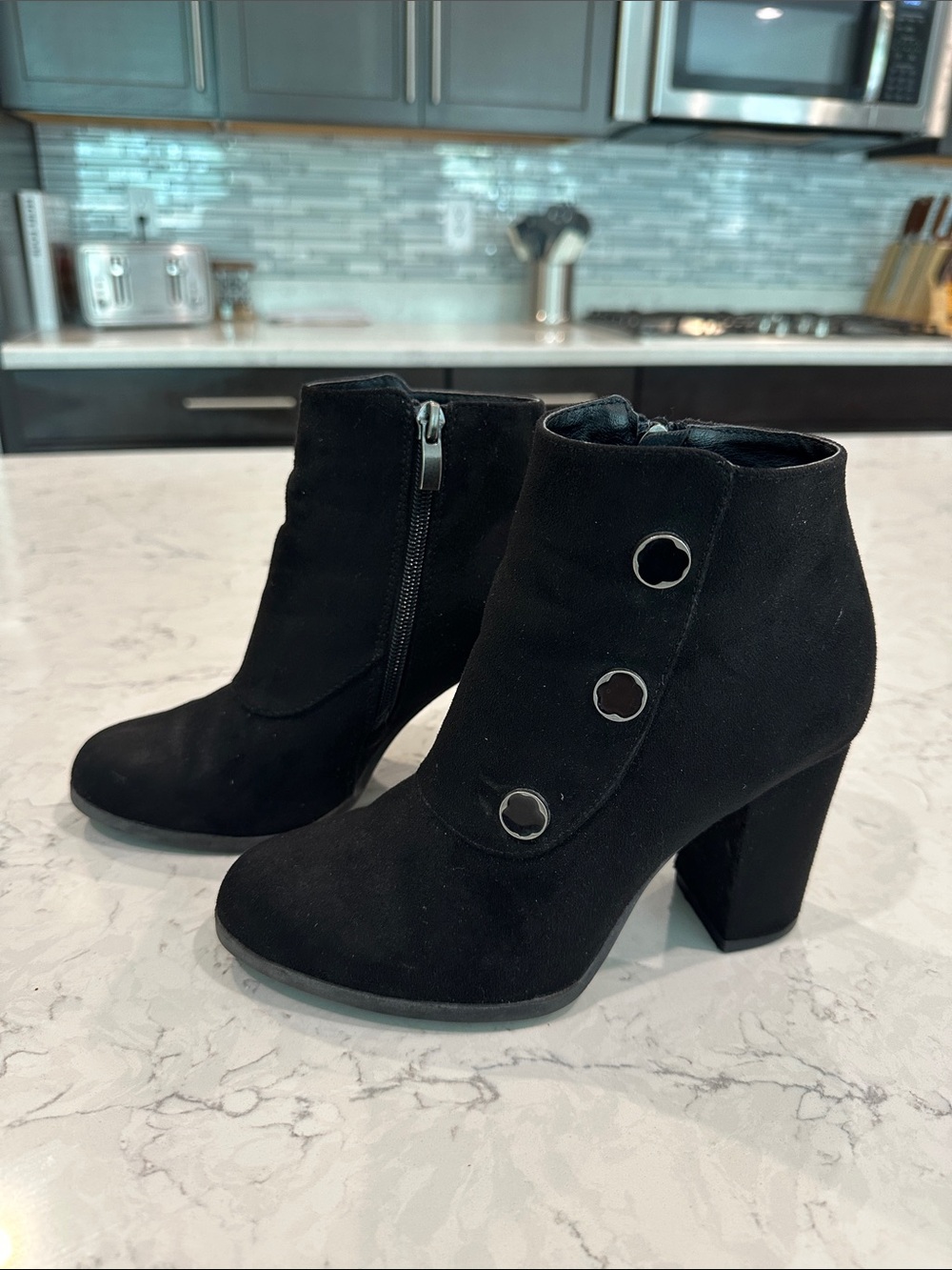 Women's Black Suede Ankle Boots with Button Accent